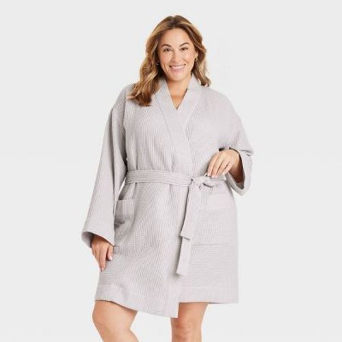 Women's Waffle Short Robe - Auden™ Light Gray 1X/2X: Front Tie, Long Sleeve, Plus Size Pajamas