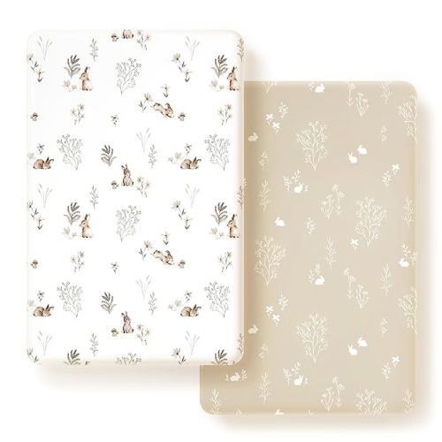 GRSSDER Stretch Ultra Soft Jersey Knit Fitted Pack n Play Sheets Set 2 Pack, Portable/Mini Crib Sheets for Boys and Girls, Stylish Watercolor Rabbit Pattern