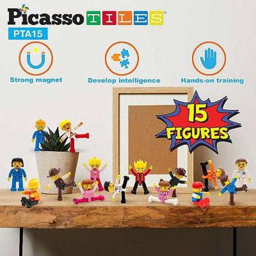 PicassoTiles 15 Piece Magnetic Tile Building Blocks Character Figure Set