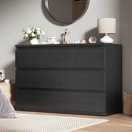 Modern Black 7 Drawer Dresser for Bedroom, Simply Chest of Drawers, Wood Storage Dresser with Deep Drawers for Living Room Hallway Entryway, Black