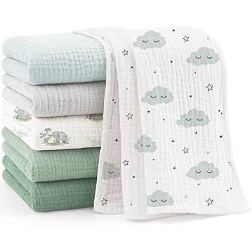 Bearmoss 6 Pack Muslin Burp Cloths for Baby, 100% Cotton Soft Large Burping Cloths for Unisex, Boy, Girl, 23.6" X 23.6" Newborn Essentials Absorbent Milk Spit Up Rags (Green Gray)