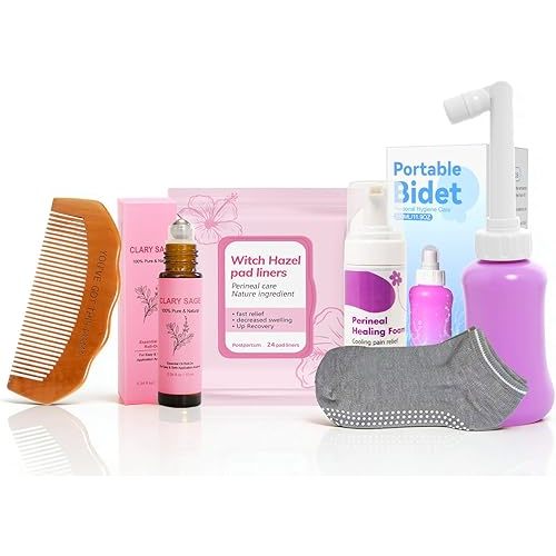 6 Pcs Labor & Postpartum Essentials Recovery Kit , Includes Labor Comb,Clary Sage Oil,Peri Bottle,24 Pad Liners, Perineal Soothing Foam,Socks,Hospital Bag Must Haves for New Mom