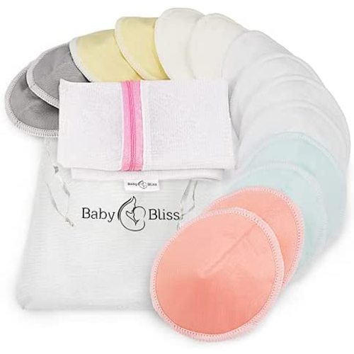 Organic Bamboo Nursing Pads - 14 Washable Pads with Wash and Storage Bags - Reusable Breastfeeding Cotton Pads for Overnight Leak Protection - Pastel Touch 3-Layers (Medium, 3.9")