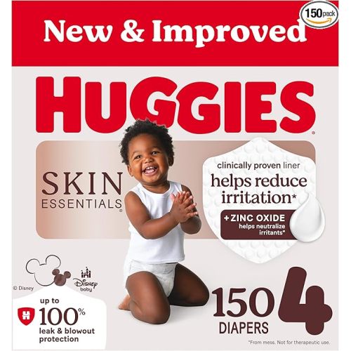 Huggies Size 4 Diapers, Skin Essentials Baby Diapers, Size 4 (22-37 lbs), 150 Count (6 Packs of 25), Packaging May Vary