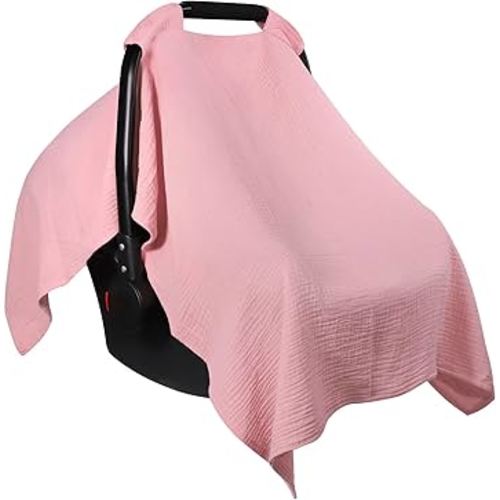 Carseat Covers Baby Girl, Soft Muslin Cotton Baby Car Seat Cover, Lightweight Breathable Infant Carseat Cover for Sunshade & Privacy, Car Seat Covers for Babies (Blush Pink)
