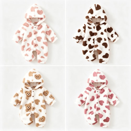 Unisex Newborn Baby Fuzzy Hooded Romper, Multiple Colors Available, Soft Warm Bear Heart Pattern One Piece Jumpsuit, Infant Long Sleeve Snap Bodysuit for Fall Winter Daily Wear Size 0-12 Months