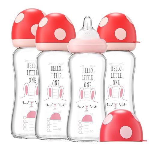 YOHKOH Natural Glass Baby Bottle with Level 2 Medium Flow Nipple, Newborn Anti-Colic Baby Bottles, Wide Neck Mushroom Baby Glass Bottle (8.8ounce (Pack of 4), Red1)