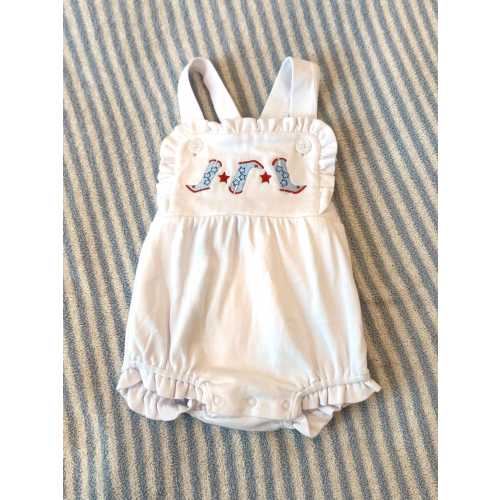 White Ruffled Romper with Cowboy Boots and Stars Embroidery
