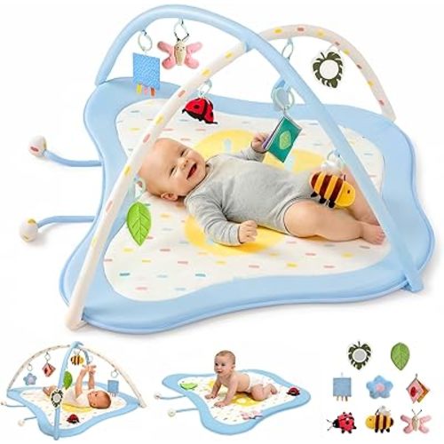 Pamo Babe Baby Play Gym & Activity Mat, Tummy Time Mat with 8 Montessori Toys, Non-slip Foldable Baby Playmat for Stage-Based Development, Machine Washable Baby Gym Play Mat for Newborn Essential Gift