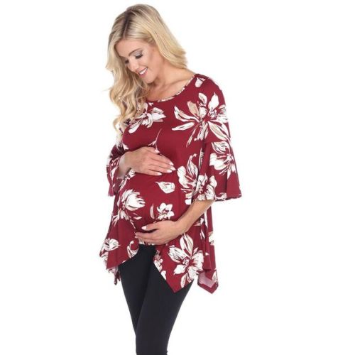 Maternity Plus Floral Printed 3/4 Sleeve Roche Tunic Red 4X - White Mark