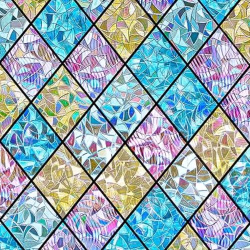 Sunbaby Window Privacy Film Stained Glass Decorative Rainbow Window Cling 3D Static Clings Colorful for Home Decoration, Anti-UV & Heat Control Non-Adhesive (17.5"x78.7")