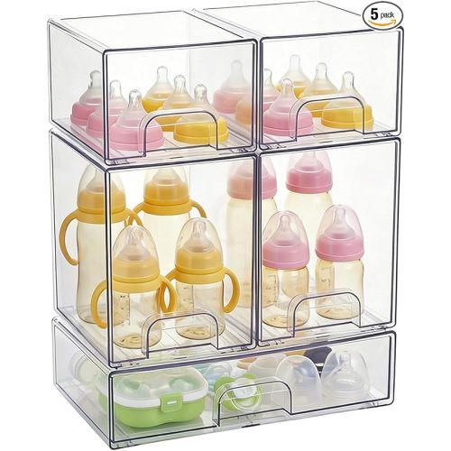 UFORU Baby Bottle Organizer,Stackable Storage Drawers 5 packs,Clear Acrylic Organizer Bins with Non-Slip Pads,Pull-Out Drawers for Makeup,Kitchen Countertop,Bathroom,Vanity,Cabinet,Pantry Organization