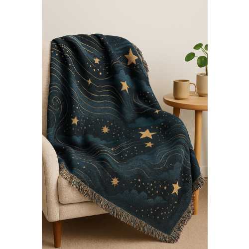 Celestial Woven Blanket, Night Sky Stars Throw Blanket For Couch, Navy Blue Knit Blanket Tapestry Wall Hanging, Universe Picnic Blanket