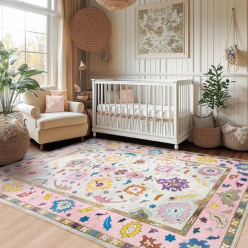 Modern Oushak Area Rug for Bedroom, Soft Washable Non-Slip Carpet, Low Pile Area Rugs for Living Room Dorm Nursery Pink 84x120 inch