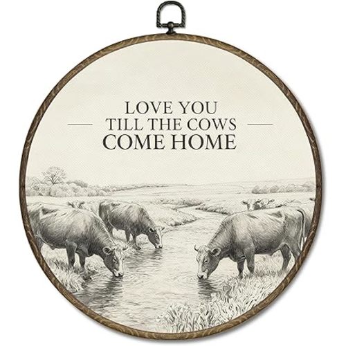 OINDADE Western Cow Round Wall Art Decor, Vintage Rustic Western Cowboy Wall Art Hanging Decor, Love You Till The Cows Come Home Farmhouse Framed Canvas Artwork for Living Room Bedroom, 10x10in