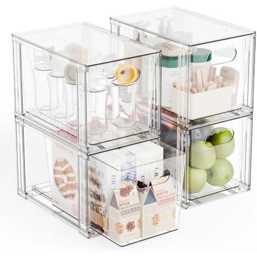 4 Pack Large Stackable Storage Drawers,11″Deep Under Cabinet Organizer,Baby Bottle Organizer,Clear Stacking Pull Out Drawer,Acrylic Storage Containers Bins for Organizing Snack,Medicine,Makeup