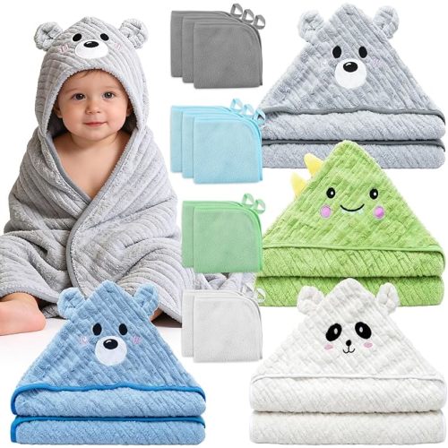 14 PCS Baby Bath Towels Set, 4 PCS Large 31"x31" Animal Hooded Towels & 10 Washcloths, Thick & Ultra Absorbent for Newborns Infants Toddlers 0-5 Years, Soft for Boys