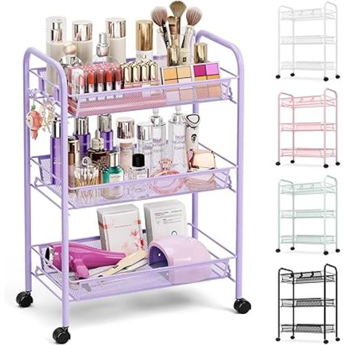 TOOLF 3-Tier Metal Rolling Cart, Mesh Wire Easy Assemble Utility Cart, Storage Trolley on Wheels with 3 Hooks, MetalStorage Shelving Units for Kitchen Bathroom Laundry Room