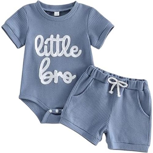 Newborn Baby Boy Summer Outfit Set Little Dude Embroidery Stripe Romper Jumpsuits Shorts Cute Infant Waffle Clothes