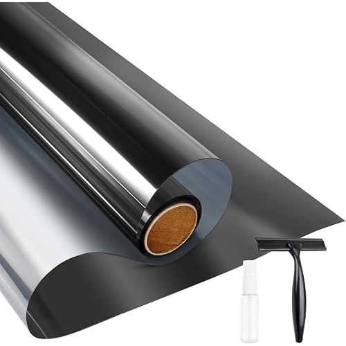 KESPEN Window Film One Way Daytime Privacy Heat Control Anti UV Non-Adhesive Reflective House Window Tint for Home and Office, Black-Silver, 35.4 Inch X 8.2 Feet