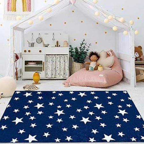 USTIDE Little Stars Rug Dark Blue Area Rug Soft and Machine Washable Living Room Rug Cute Simple Design Carpet for Bedroom Nursery Toddler or Kids Playroom, 4' x 6'