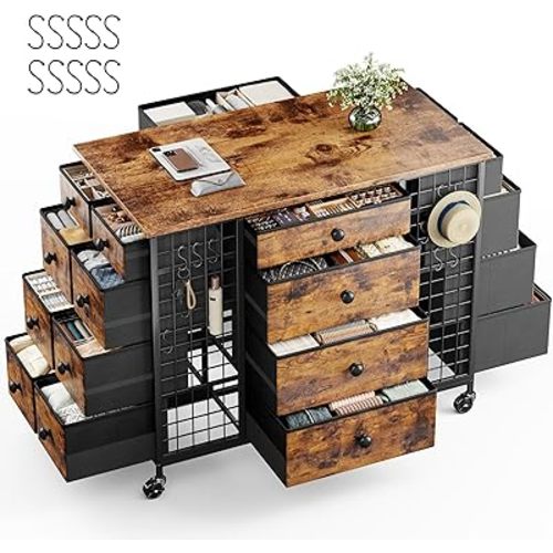 EnHomee 24 Drawers Dresser for Bedroom, Dressers & Chests of Drawers with 4 Wheels and 40“ * 23” Wide Wooden Top, Metal Frame, Organizer Island with Hooks for Bedroom, Cloakroom, Dressing Room, Pink