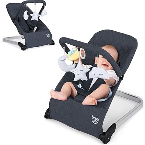 BABY JOY Baby Bouncer, Foldable Baby Rocker with 5-Point Safety Harness, Removable Fabric Cover and Toy Bar, Portable Bouncer Seat with Aluminum Base for Newborns & Babies, Dark Grey