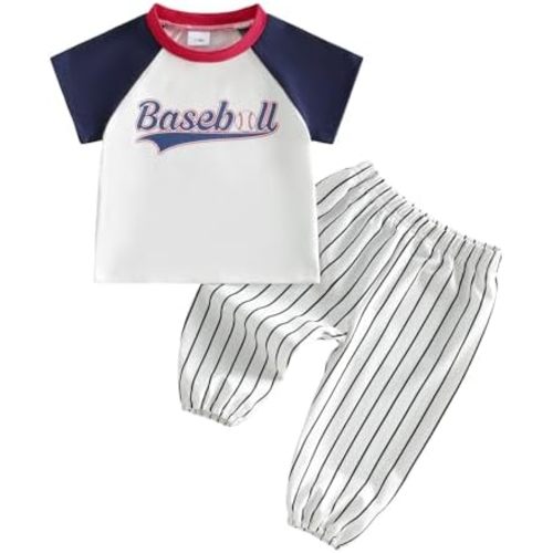 BULINGNA 2Pcs Toddler Baby Boy Summer Baseball Outfit Set Raglan Sleeve Baseball T-Shirt Top and Striped Pants Clothes