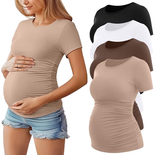 Huukeay 4 Pack Women's Maternity Shirts, Crew Neck Maternity Top Short Sleeve Casual Cotton Tee Side Ruched Pregnancy Clothes