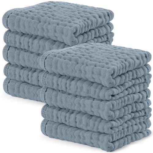 Comfy Cubs Muslin Baby Washcloths 10 Pack - Soft Large 10"x10" 6-Layer Absorbent Cotton - Pacific Blue