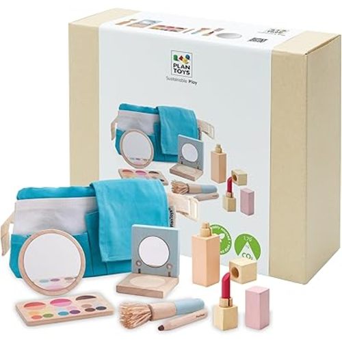 PlanToys® Pretend Play Wooden Makeup Set for Kids | Makeup Kit with Mirror, Lipstick, Brush, Eyeshadow & Waist Bag | Montessori Toy for Toddlers & Girls | Eco-Friendly Beauty Role Play Set