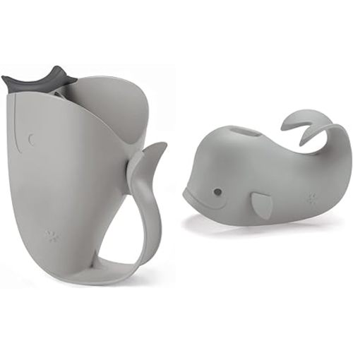 Skip Hop Baby Bath Rinse Cup, Moby Tear-Free Waterfall Rinser, Grey & Baby Bath Spout Cover, Universal Fit, Moby, Grey