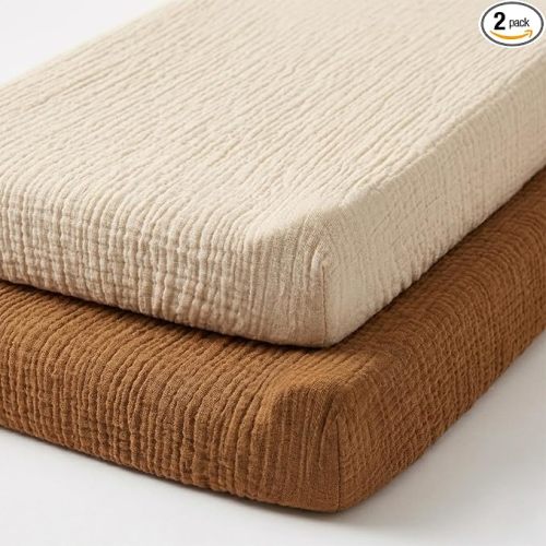 Muslin Changing Pad Cover, Baby Diaper Changing Table Pad Sheets, Cotton Soft Breathable Fitted, Boys Girls Neutral 2 Pack (Brown＆Beige)