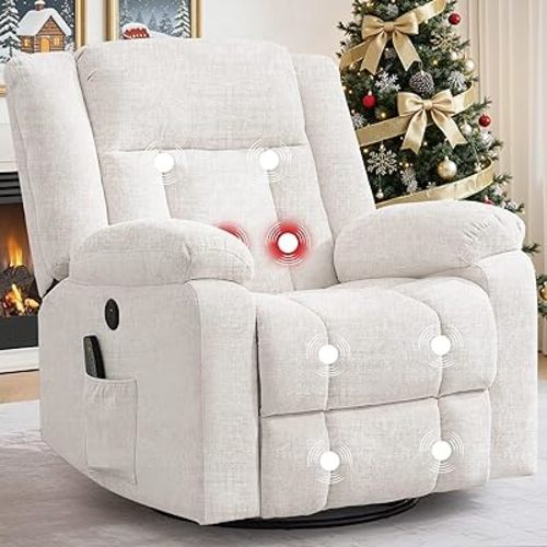 Rocker Recliner, Glider Recliner Chairs for Adults, 360° Swivel Rocking Chair with Massage and Heating, Nursery Chair with Storage and USB Charging for Living Room, Bedroom, Nursery