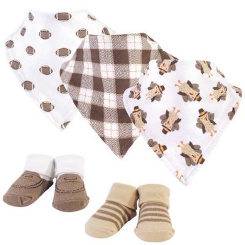 Hudson Baby Infant Boy Cotton Bib and Sock Set 5pk, Boy Turkey, One Size