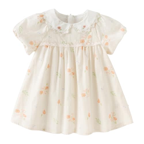 DAVE&BELLA Toddler Baby Girls Summer Dress, Short Puff Sleeve Cotton Sundress Blue Striped Floral Embroidery Prince Dresses