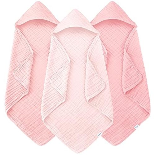 Muslin Hooded Baby Bath Towels - 3 Pack 100% Cotton Ultra-Soft Towels for Newborns, Infants, Toddlers - 32x32 Inch - Highly Absorbent, Quick-Dry Essentials for Bath Time, Beach, Pool, Pink Series