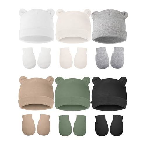 Geyoga 12 Pieces Newborn Hat Mittens Gloves Set Baby Boys Girls Cotton Baby Beanie for 0-12 Months