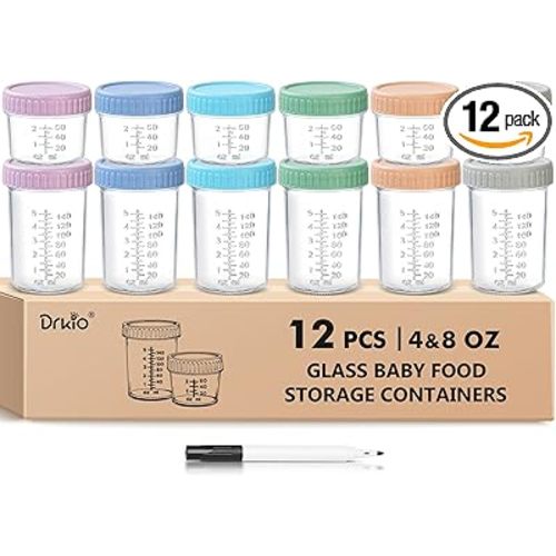 DRKIO 12 Pack Glass Baby Food Storage Containers - 4 & 8 oz Baby Food Jars with Lids Baby Food Maker Microwave Dishwasher Freezer Safe 100% Leak Proof BPA Free Reusable