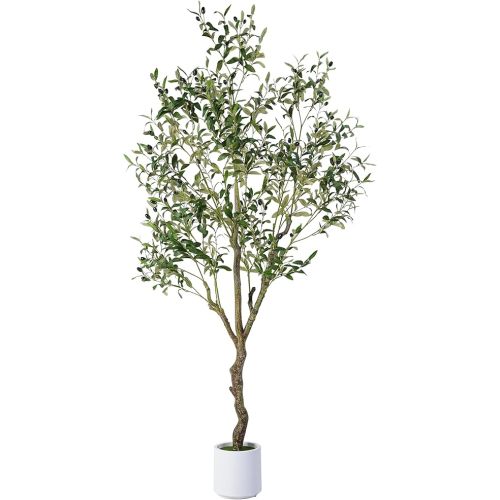 Artificial Olive Tree 6FT, Indoor Fake Silk Plant with Realistic Trunk, Leaves, Fruits and White Planter, Faux Potted Tree for Home Decor and Housewarming Gift, 1 Pack
