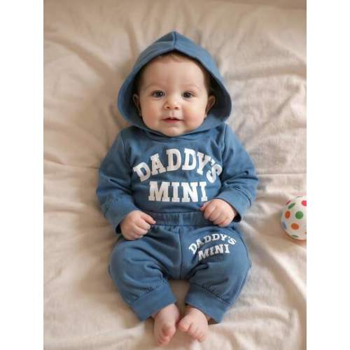 2pcs Set, Casual, Cute, Baby Boy Clothes, Infant Bodysuit, Baby Autumn/Winter Outfit, Soft & Comfortable, Letter Print Hoodie Top And Solid Letter Print Pants Set, Suitable For Daily, Vacation, Party, Outdoor | SHEIN USA