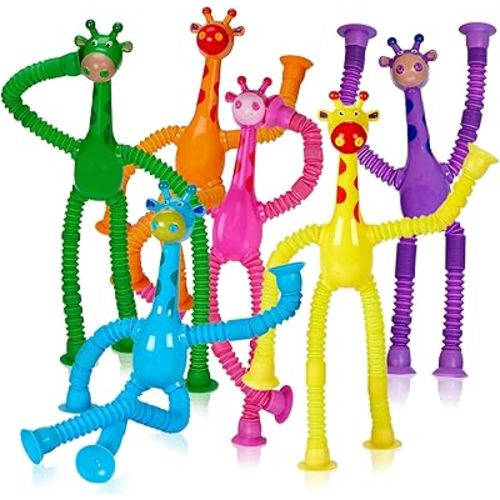 Telescopic Suction Cup Giraffe Toys for Toddler Restaurant Dinner Table Activities, Stretchy Animal Pop Tubes with LED Lights, Telescopic Sensory Toys for Kids with Autism Anxiety Ages 3 4 5 | 6 Pack