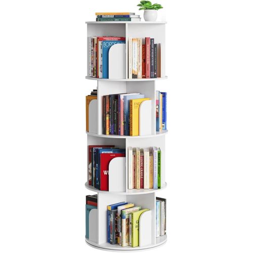 SpaceAid Cross Style 4 Tier Rotating Bookshelf, Spinning 360 Bookcase Lazy Susan Tower, Vertical Revolving Books Shelf Storage Round Carousel Space Saving Organizer, White