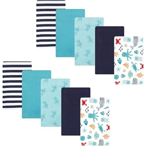 Hudson Baby Unisex Baby Cotton Flannel Burp Cloths, Sea Characters, One Size