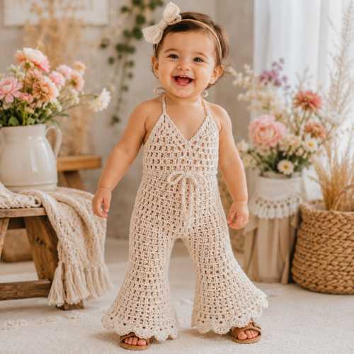 Crochet Boho Bell Bottom Outfit Pattern PDF, Easy Toddler Romper