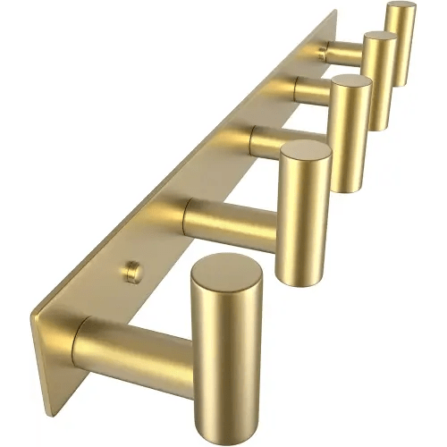 VAEHOLD Hat and Coat Wall Mount Rack - Hooks for Robes, Bags, Keys, and Towels - Bathroom Towel Hanger Organizer (Gold, “T“ Shape 5 Hooks 1 Pack)