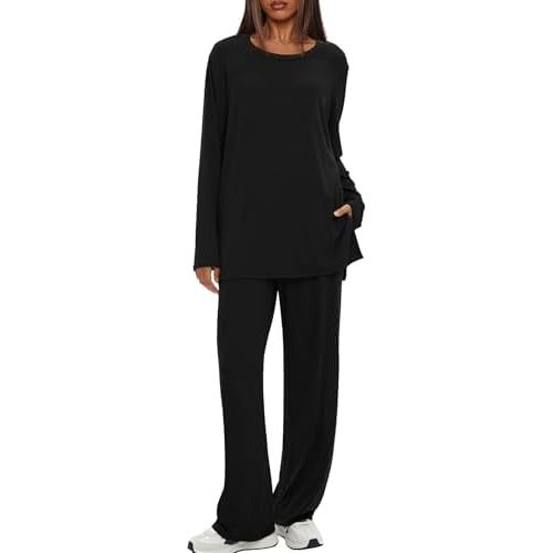 Darong Women's 2 Piece Lounge Set Casual Long Sleeve Crew Neck Tops Wide Leg Pants Travel Airport Outfit Matching Sets