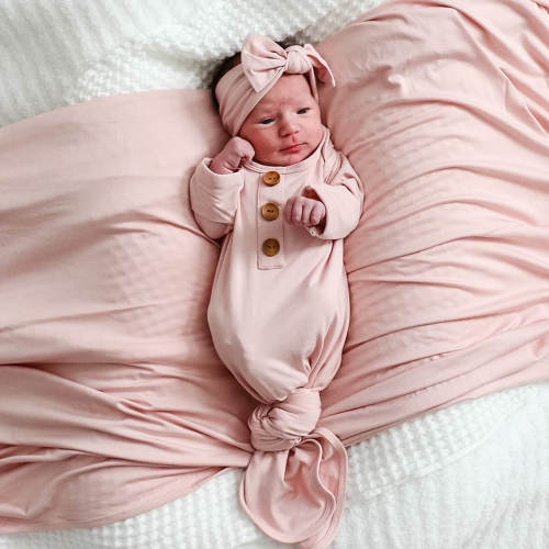 Solid Petal Pink Bamboo Baby Knot Gown & Hat