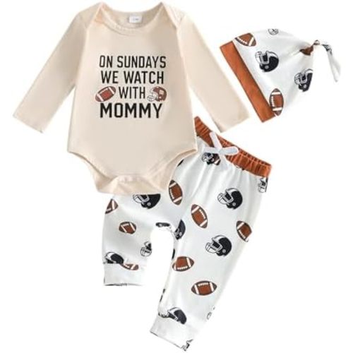 Newborn Baby Boy Football Outfit Watch Football With Mommy Long Sleeve Romper Pants Set Hat 3Pcs Infant Fall Clothes