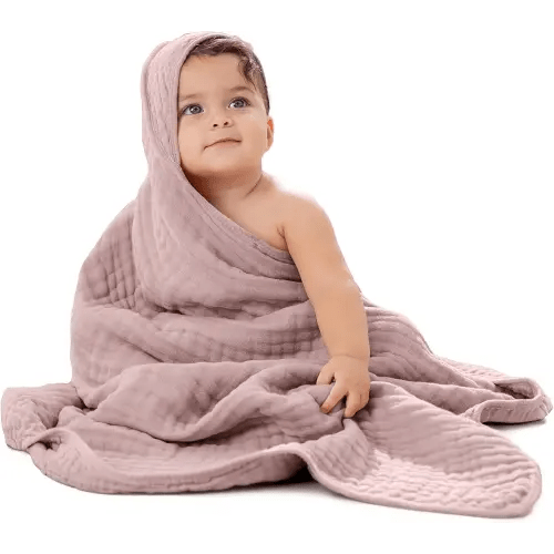 Comfy Cubs Hooded Baby Towel 1-Pack, Large 32 x 32 Inch - 6 Layer 100% Muslin Cotton for Babies, Toddlers and Kids - Soft & Absorbent Baby Bath Towels - Unisex Design for Bath Time - Mauve